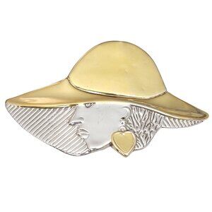 Sterling Silver 925 Gold Vermeil Lady In Hat Hollow Statement Brooch